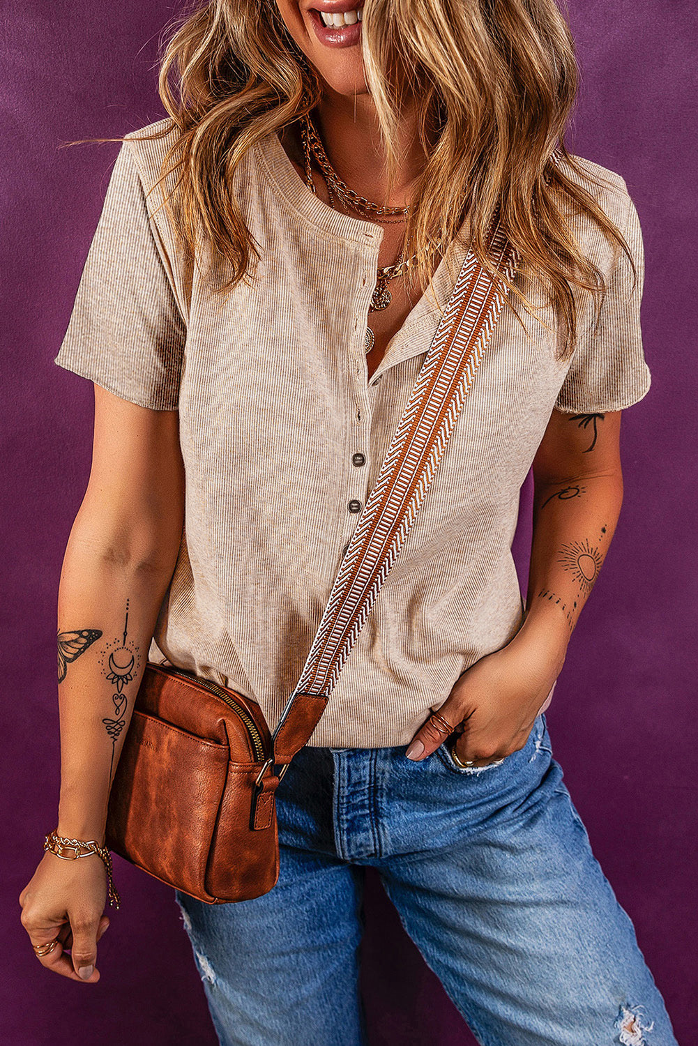 Oatmeal Short Sleeve Half Button Ribbed Top