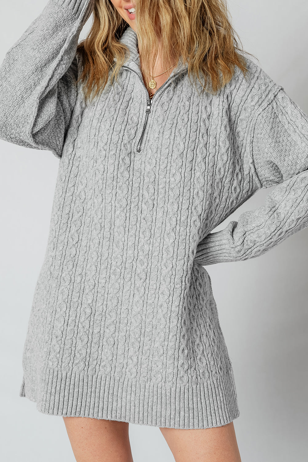 High-rise Quarter Zip Ribbed Trim Cable Knit Loose Sweater Dress
