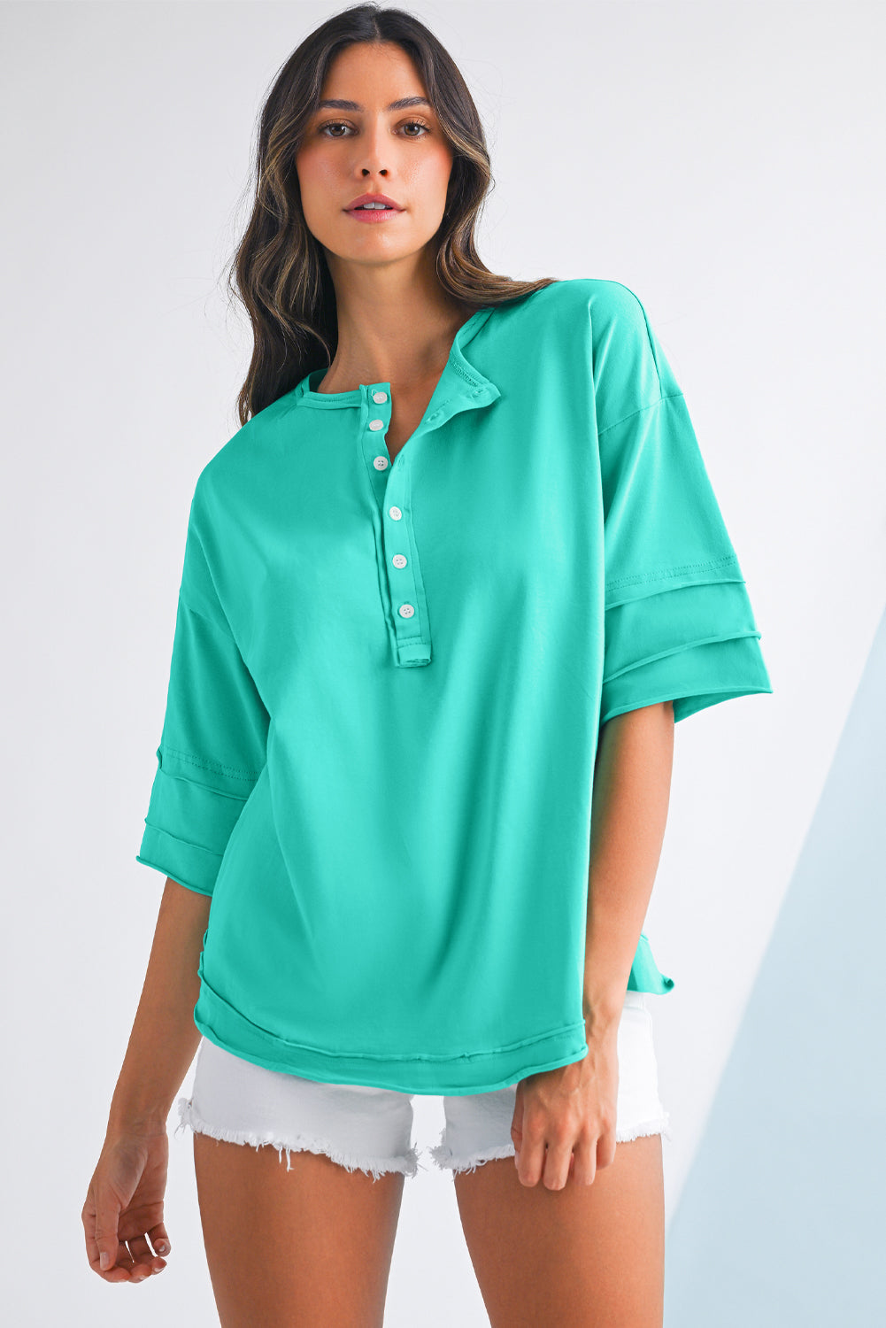 Mint Green Solid Color Half Sleeve Henley Top