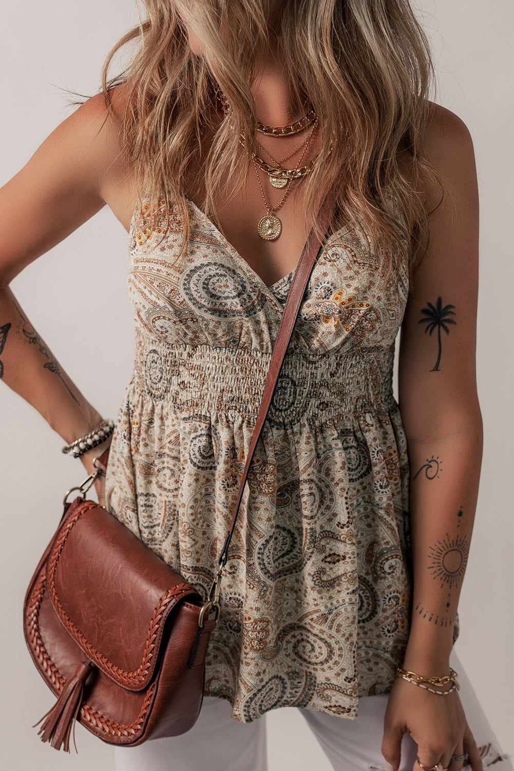 Khaki Paisley Print Spaghetti Strap V Neck Smocked Cami Top