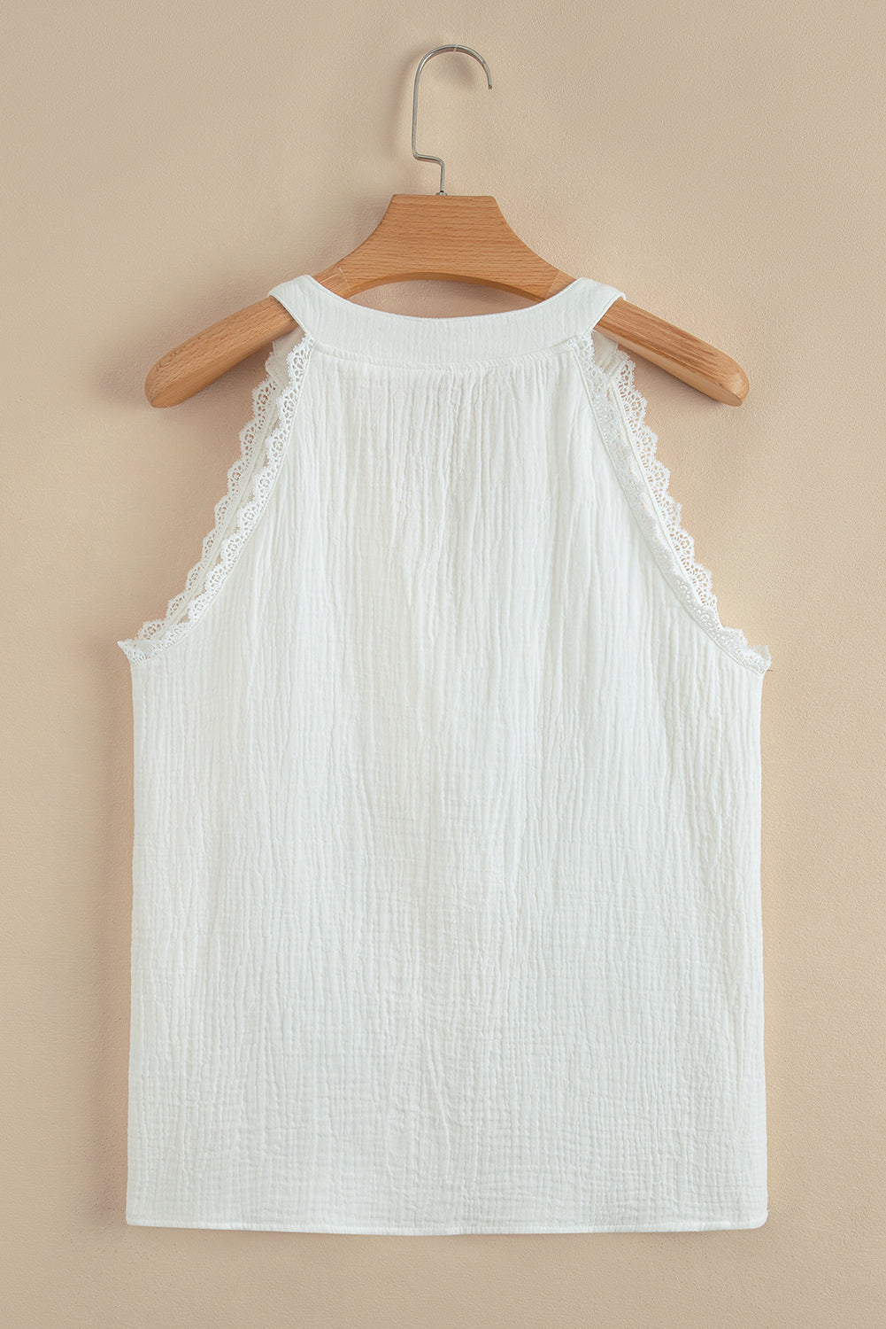 White V Neck Lace Trim Crinkled Sleeveless Top