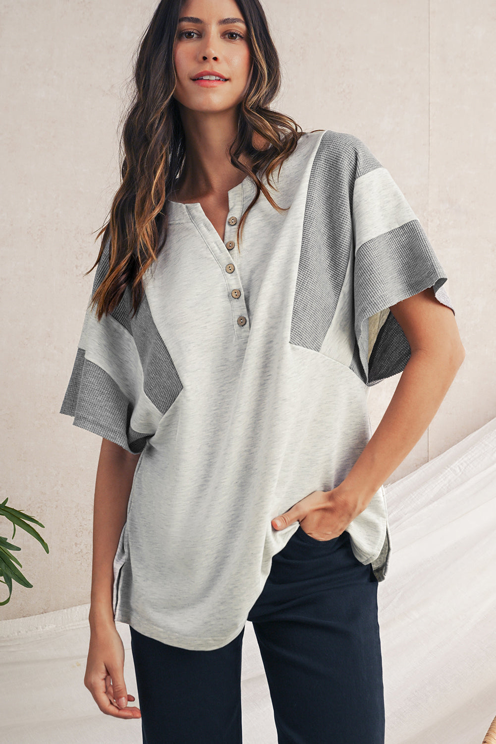 Light Grey Two Tone Contrast Waffle Knit Patched Buttoned V Neck Top