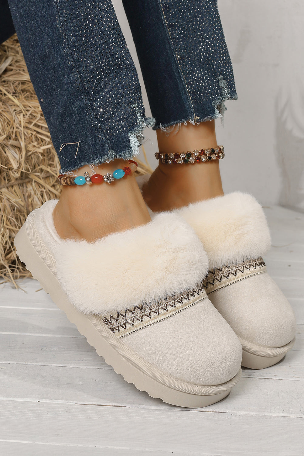 White Suede Fuzzy Winter Warm Platform Slippers