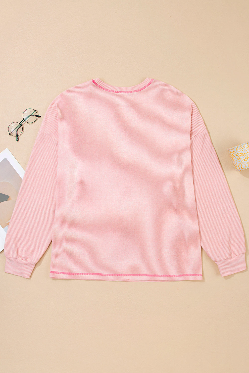 Bonbon Ribbed Exposed Seam Chest Pocket Plus Size Long Sleeve Top