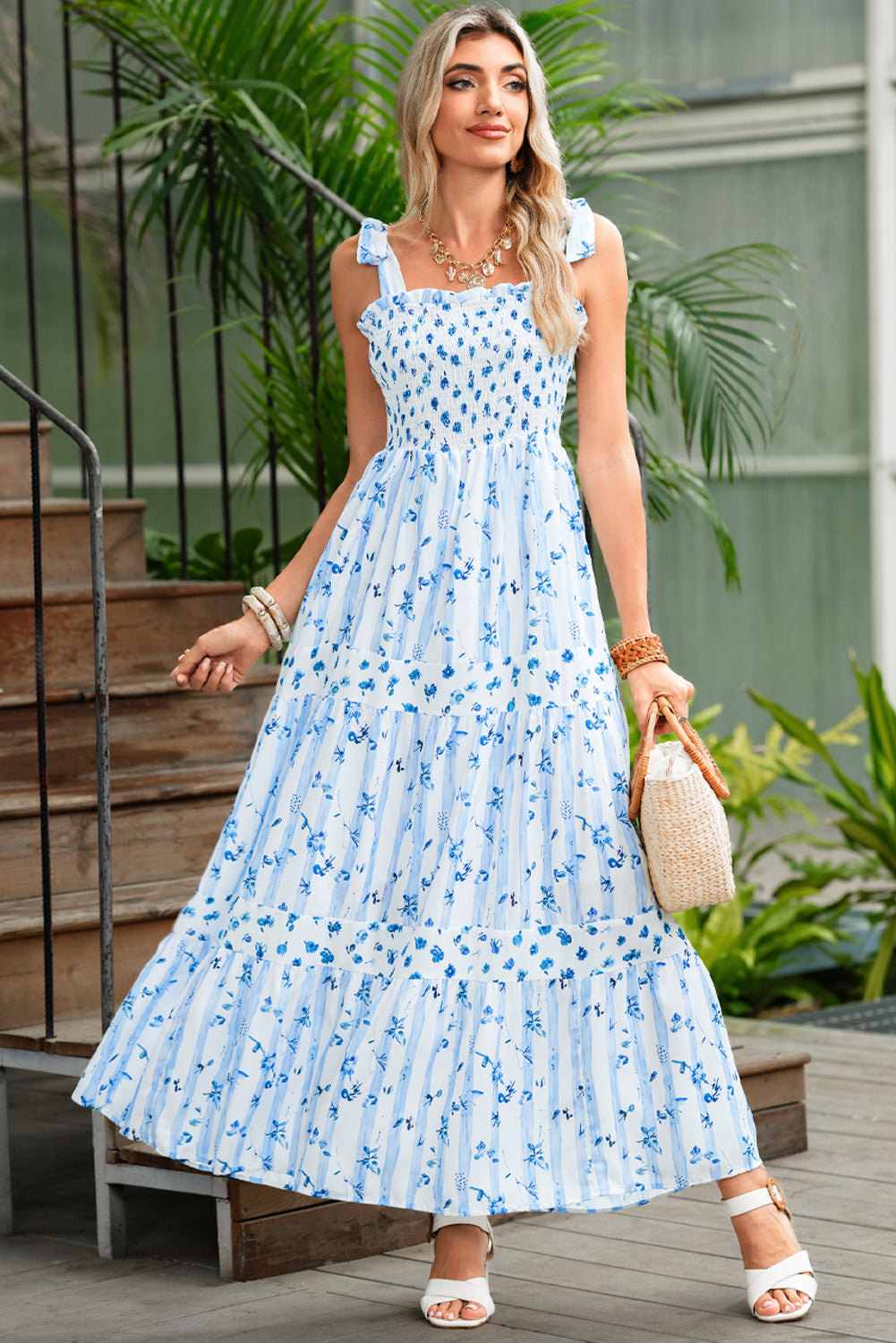 Sky Blue Floral Smocked A-Line Tie Straps Maxi Dress