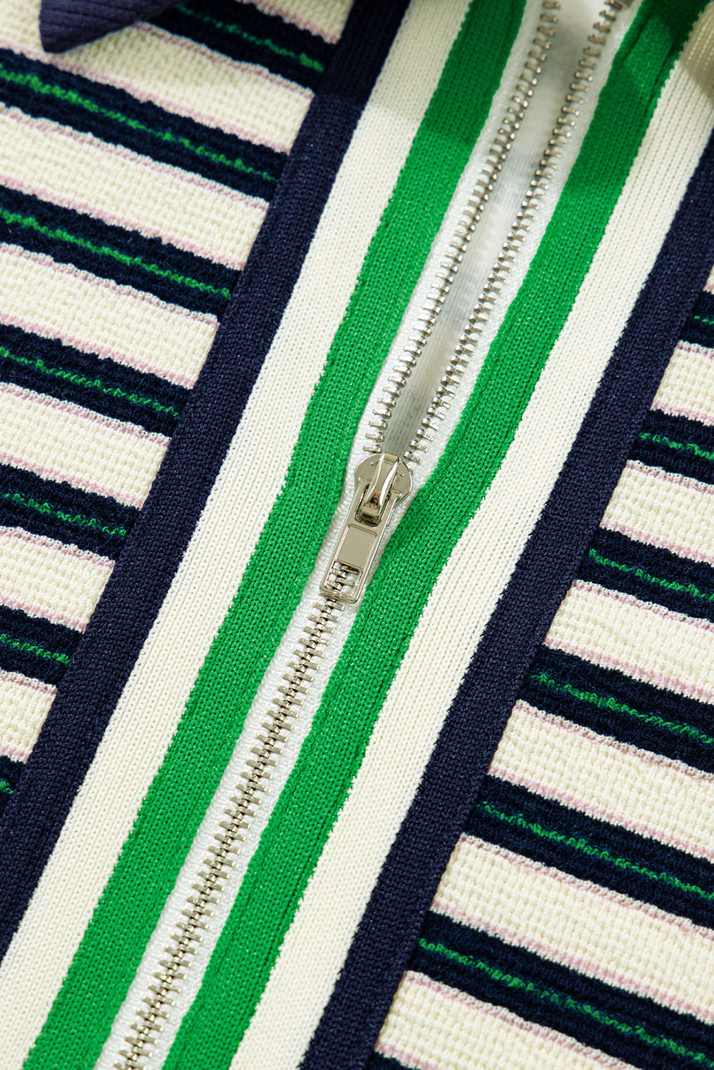 Navy Blue Pop of Color Zipper V Neck Striped Long Sleeve Top