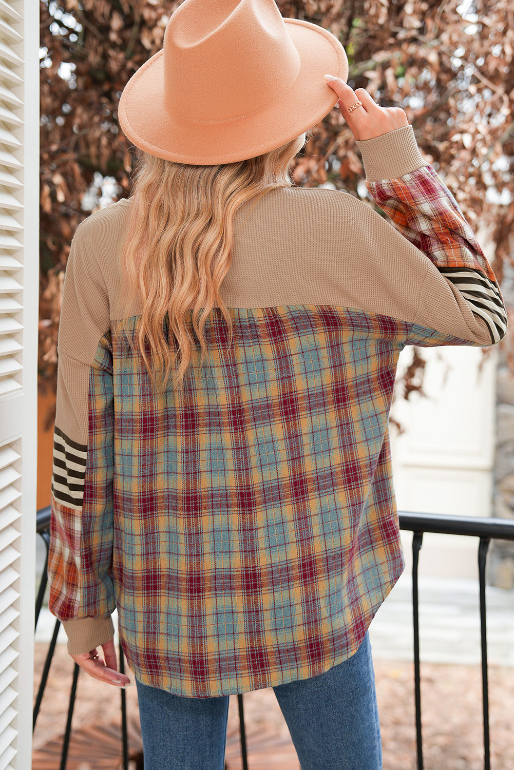 Straw Yellow Waffle Stripe Plaid Patchwork Henley Top