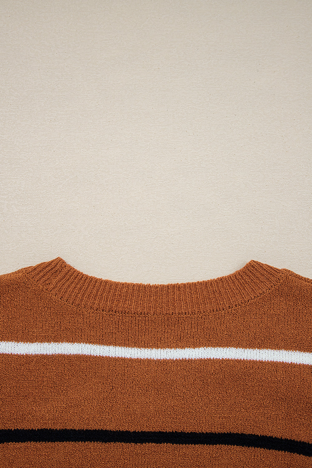 Brown Striped Ribbed Edge Drop Shoulder Sweater