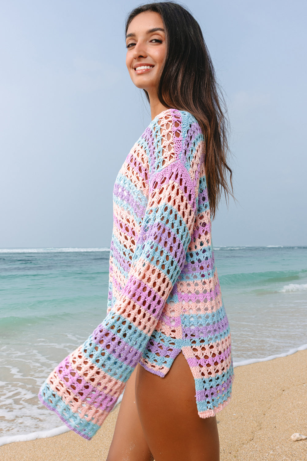 Purple Striped Hollow Knit Summer Beach Cover Up