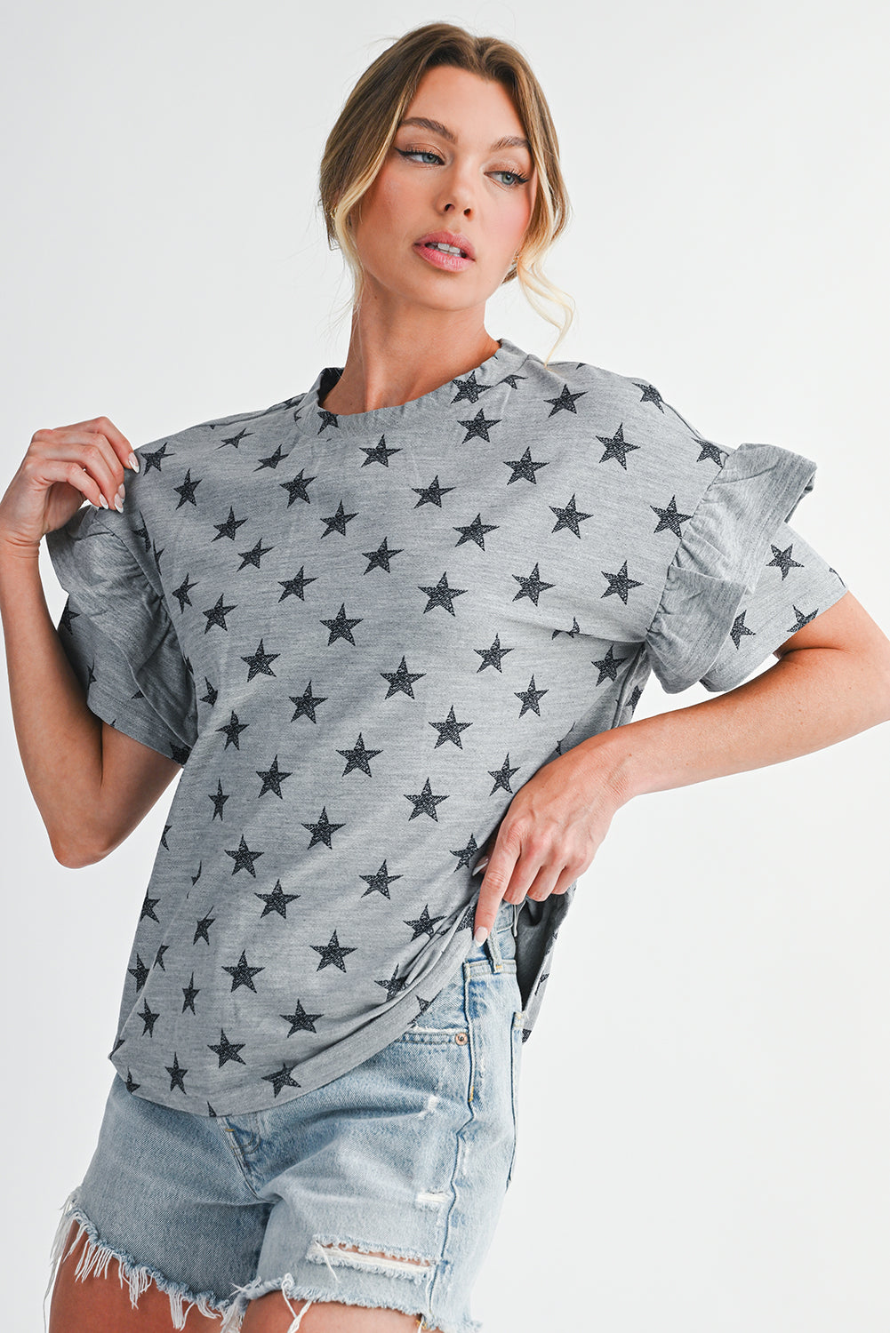 Gray Star Print Tiered Ruffle Sleeve Crew Neck T Shirt