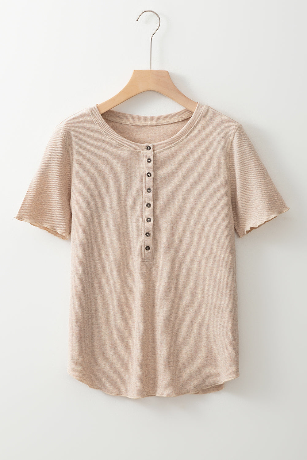 Oatmeal Short Sleeve Half Button Ribbed Top