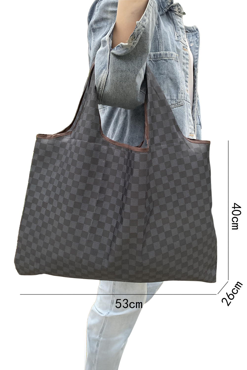 Black Checkered Print Large Foldable Tote Bag