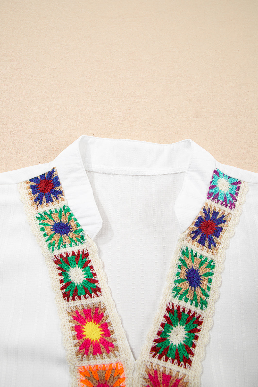 White Crochet Floral Notch V Neck Textured Blouse