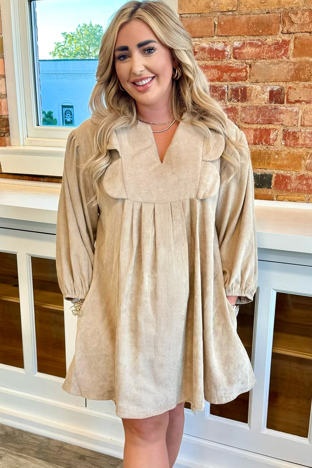 Parchment Notched Neck Scallop Detail Plus Size Mini Dress