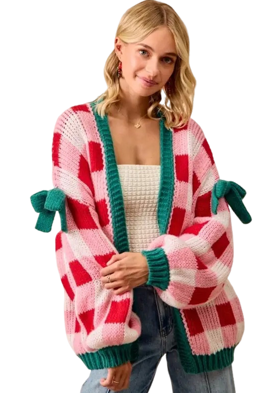 Pink Colorblock Checkered Open Front Knit Cardigan