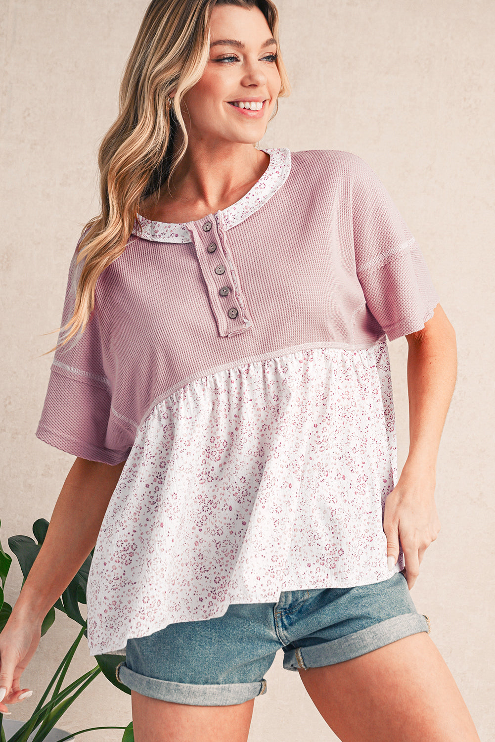 Pink Waffle Floral Patchwork Exposed Seam Detail Short Sleeve Top