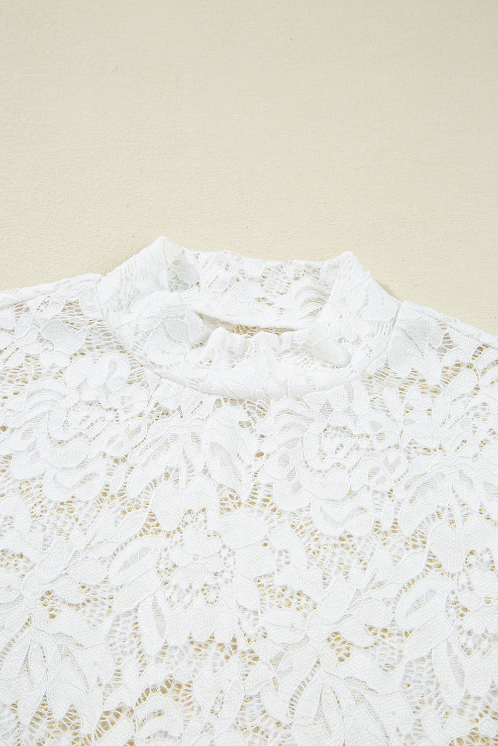 White Lace Crochet Bell Sleeve Mock Neck Blouse