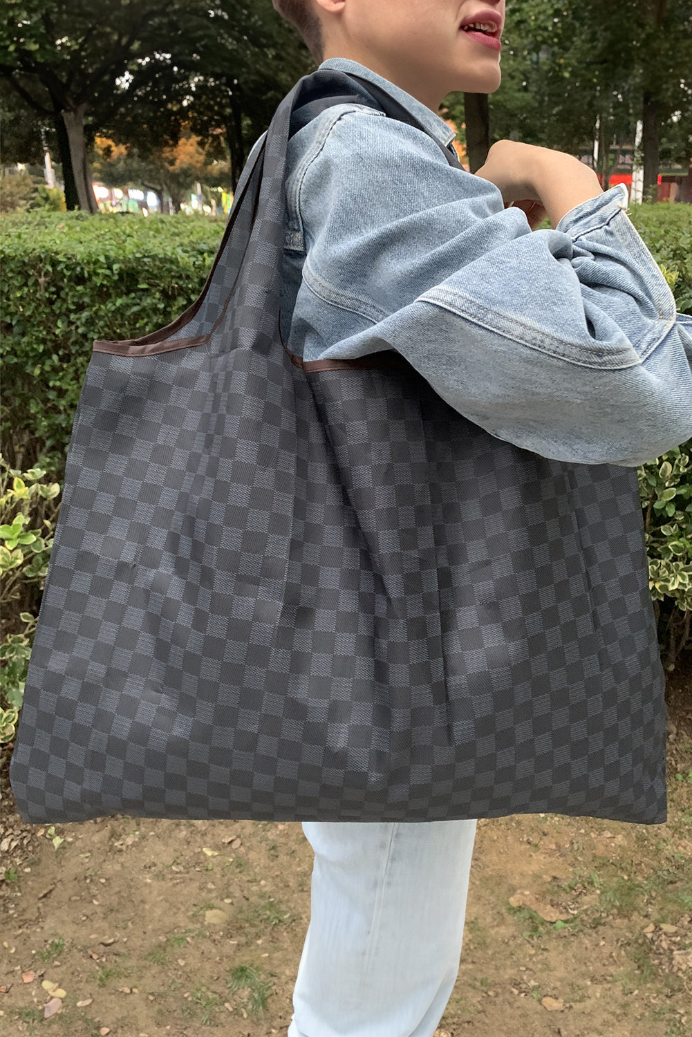 Black Checkered Print Large Foldable Tote Bag