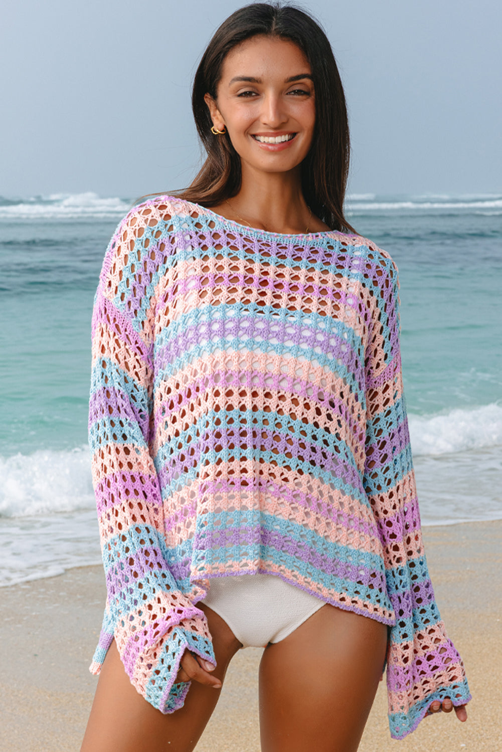 Purple Striped Hollow Knit Summer Beach Cover Up