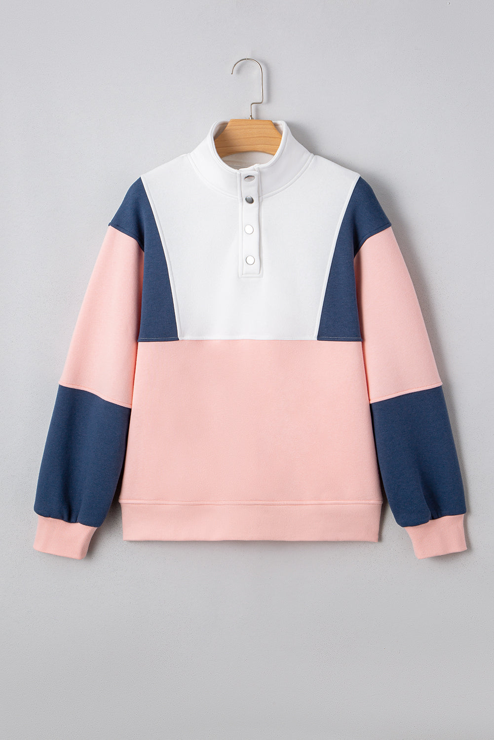 Pink Colorblock Patchwork Half Button Baggy Sweatshirt