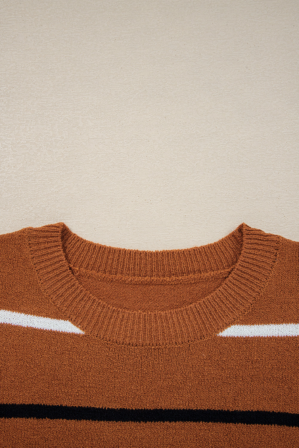Brown Striped Ribbed Edge Drop Shoulder Sweater