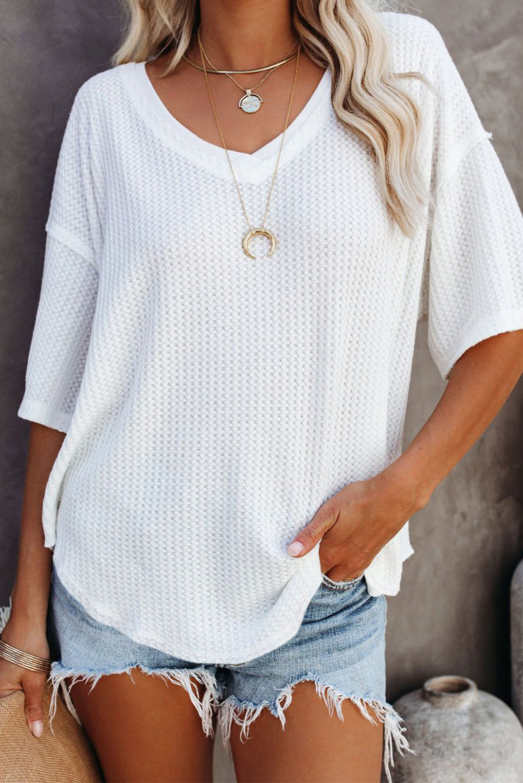 White Exposed Seam Drop Sleeve Waffle Textured Top