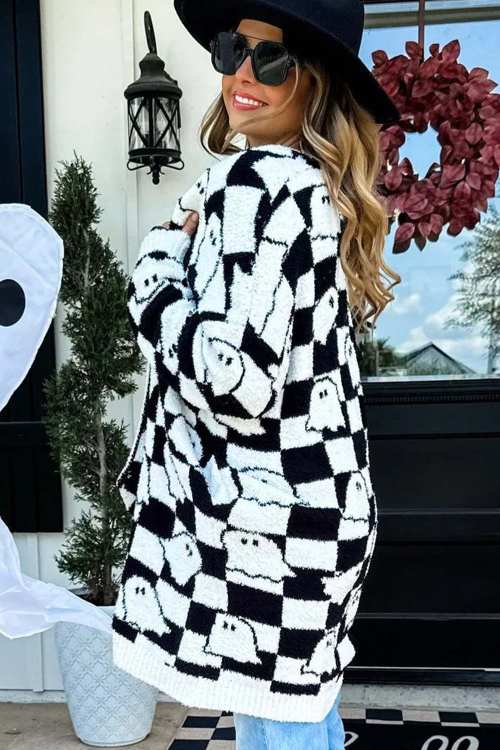 Black Halloween Plaid Ghost Pattern Mid length Knitted Cardigan