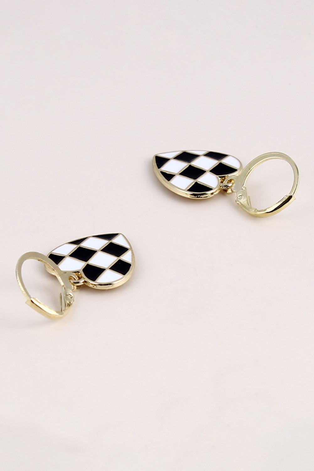 Black Checkered Heart Shaped Hoop Dangle Earrings
