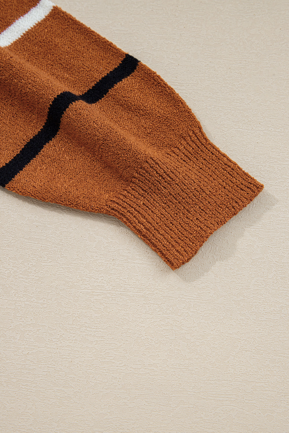 Brown Striped Ribbed Edge Drop Shoulder Sweater