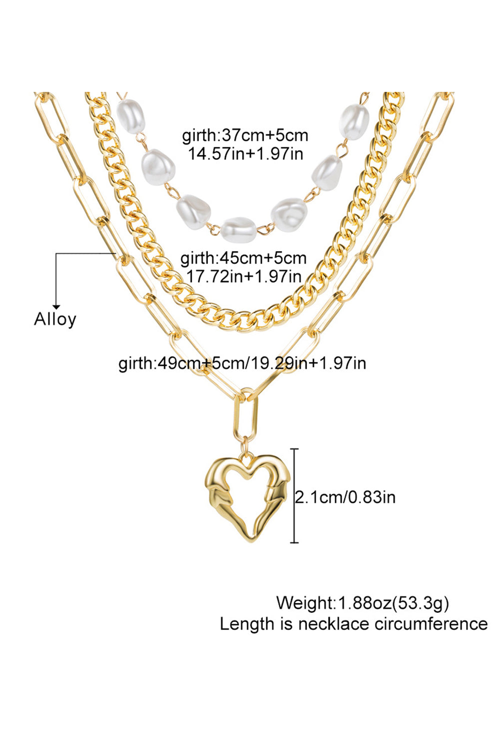 Gold Heart Pendant Pearl Chain Multi-Layered Necklace