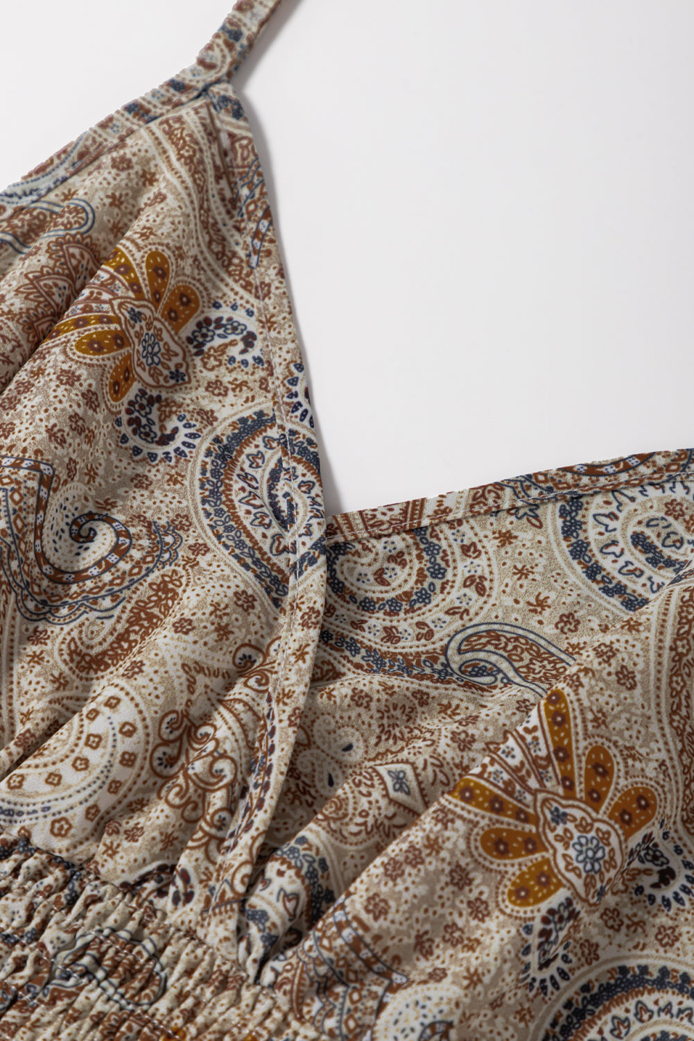 Khaki Paisley Print Spaghetti Strap V Neck Smocked Cami Top