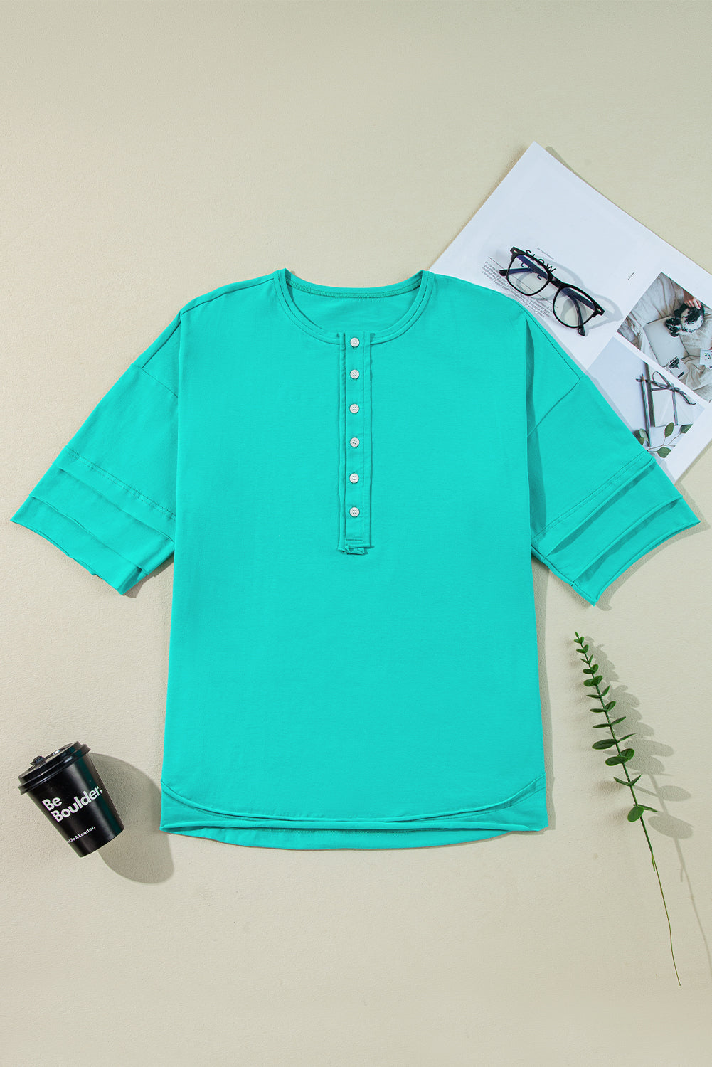 Mint Green Solid Color Half Sleeve Henley Top