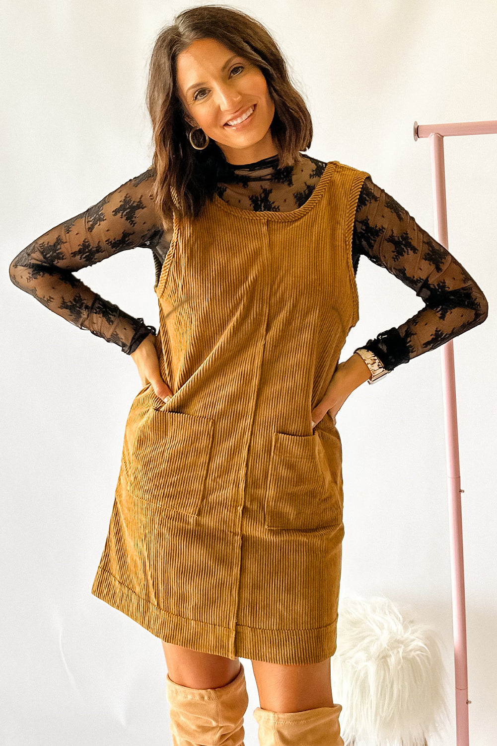 Beige Corduroy Exposed Seam Sleeveless Mini Dress