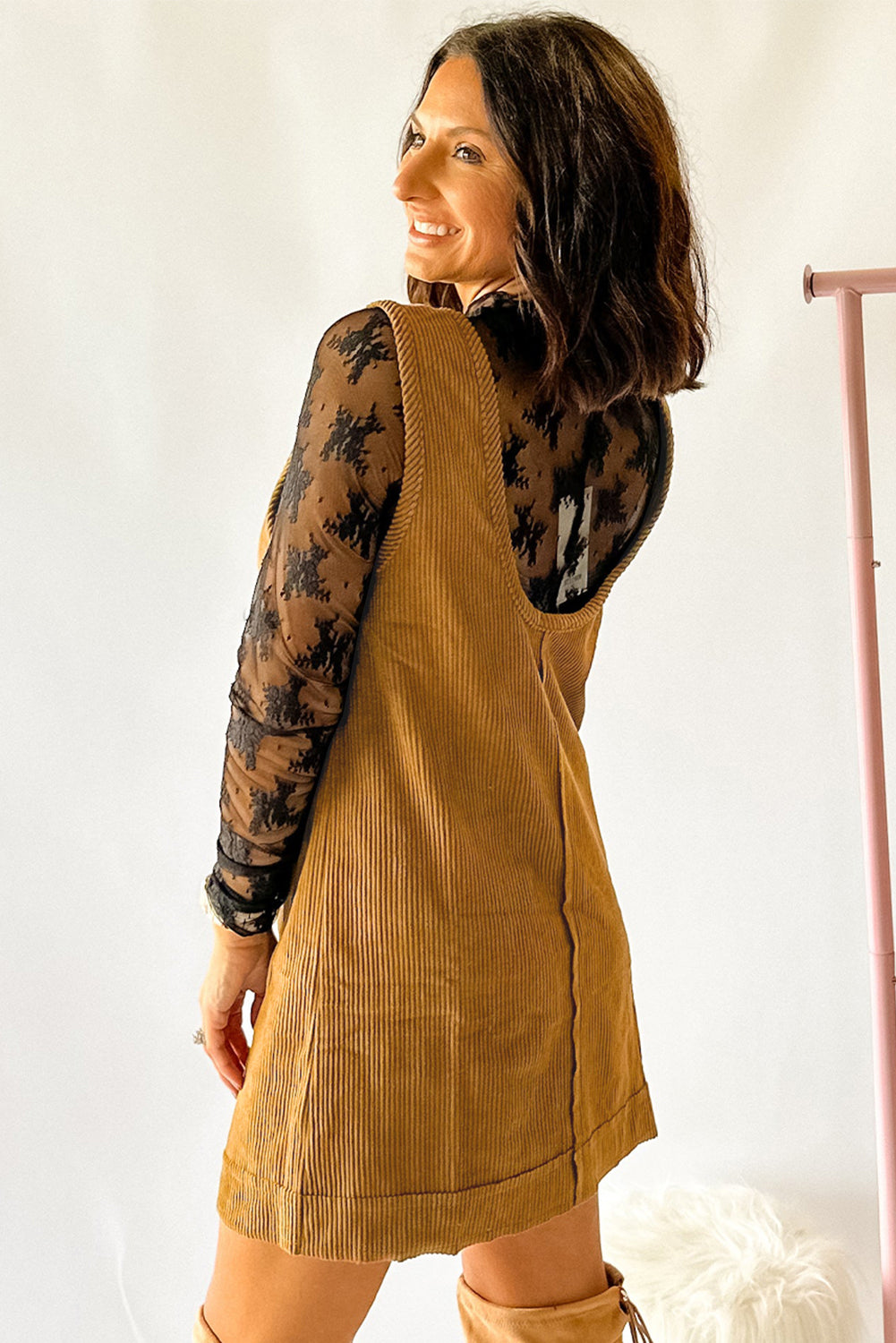 Beige Corduroy Exposed Seam Sleeveless Mini Dress